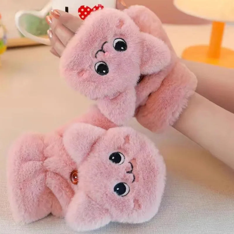 Winter Fingerless Flip Glove Cartoon Cat Thick Lining Fluffy Warm Mittens Cold Autumn Polyester Plush Half Finger Flip Gloves