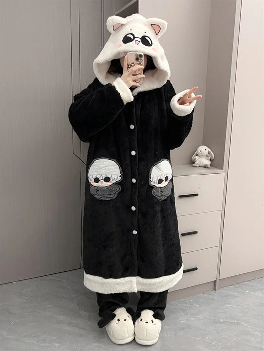 Anime Jujutsu Kaisen Character Gojo Satoru Velvet Thickened Nightgown Set Warm Pajamas Thickened Thermal Suit For Cold Winter