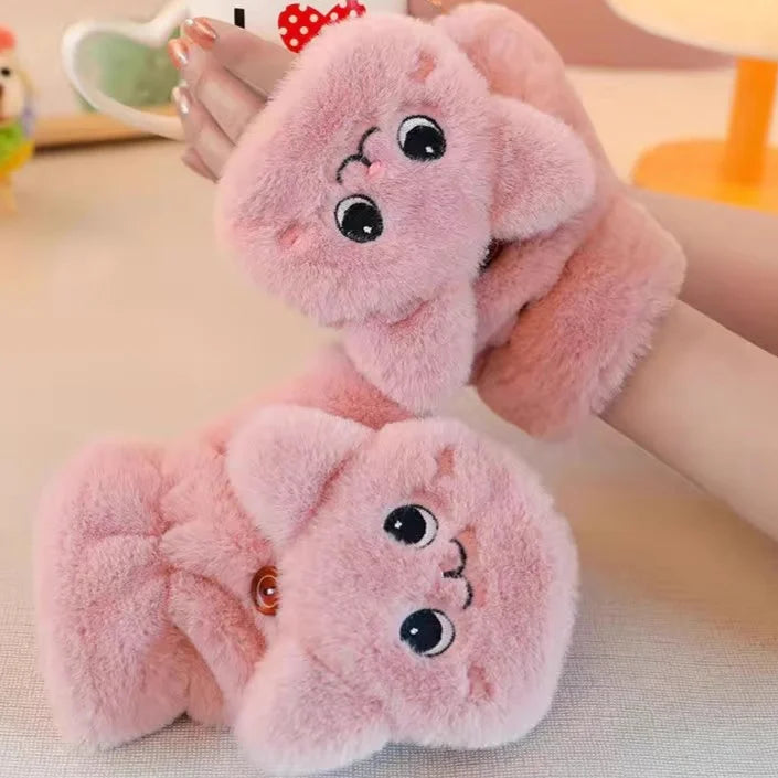 Winter Fingerless Flip Glove Cartoon Cat Thick Lining Fluffy Warm Mittens Cold Autumn Polyester Plush Half Finger Flip Gloves