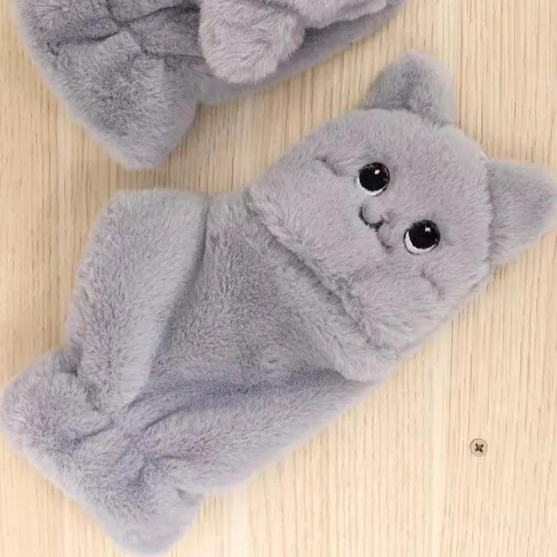 Winter Fingerless Flip Glove Cartoon Cat Thick Lining Fluffy Warm Mittens Cold Autumn Polyester Plush Half Finger Flip Gloves