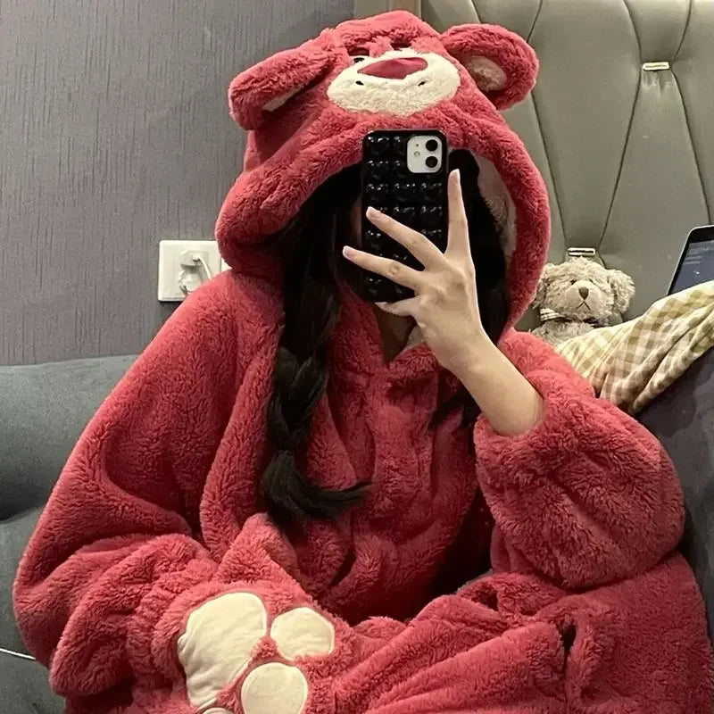 Lotso cinnamoroll cute kawaii plus velvet thickened coral velvet pajamas personality trend cartoon loose winter one-piece pajama