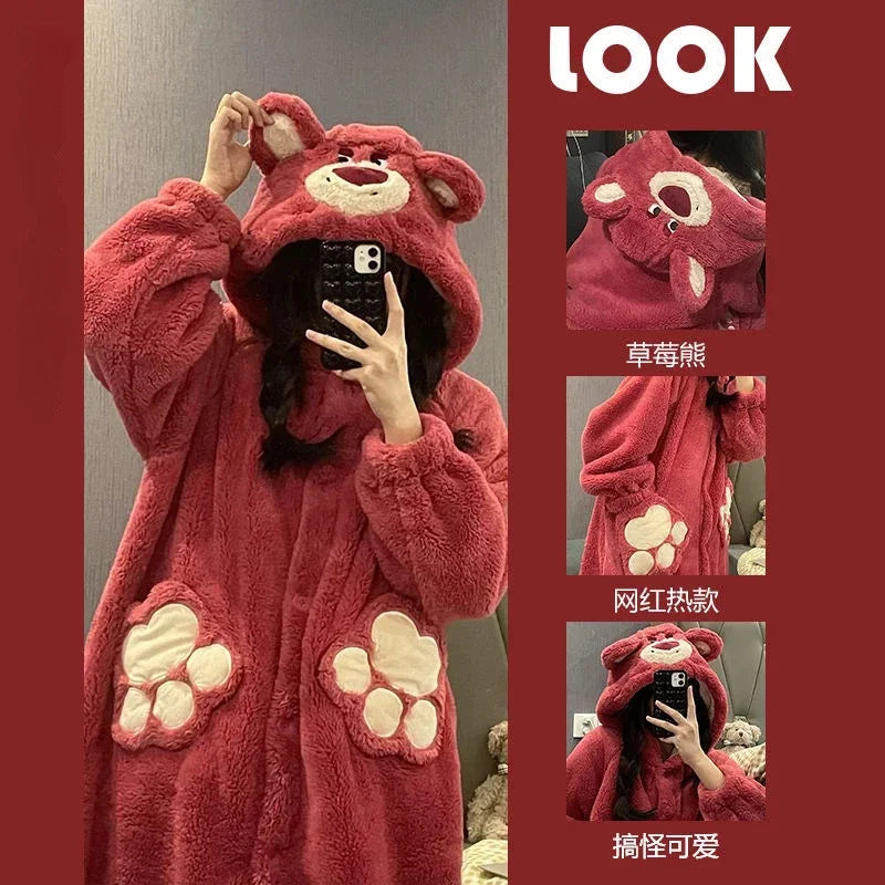 Lotso cinnamoroll cute kawaii plus velvet thickened coral velvet pajamas personality trend cartoon loose winter one-piece pajama