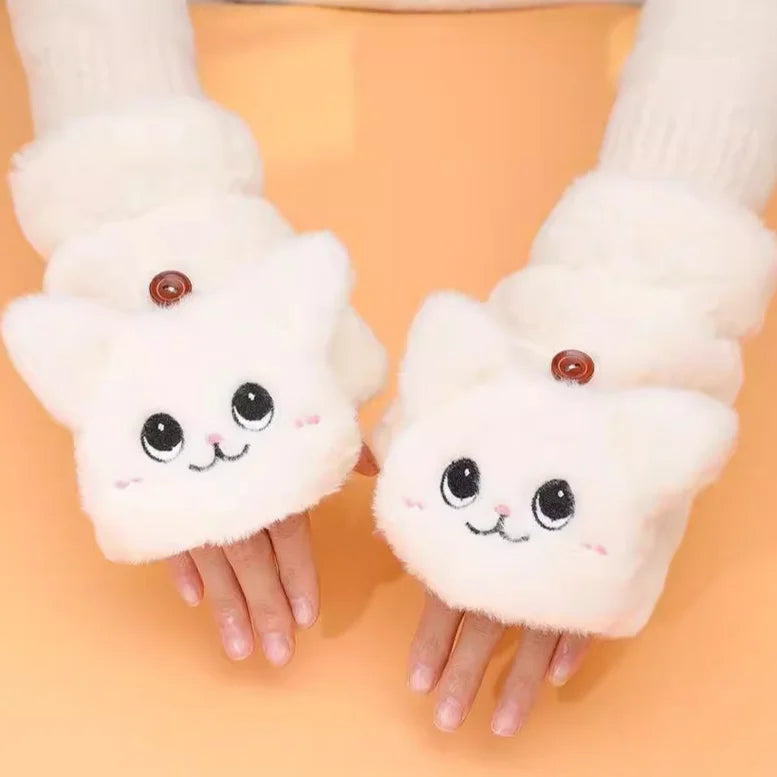 Winter Fingerless Flip Glove Cartoon Cat Thick Lining Fluffy Warm Mittens Cold Autumn Polyester Plush Half Finger Flip Gloves